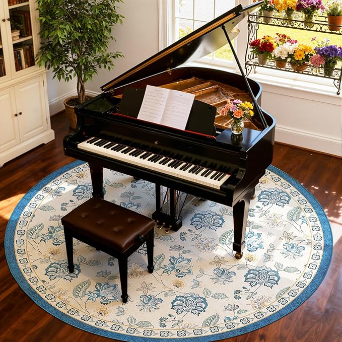 jinchan Elora 8ft Floral Round Rug for Dining Room Washable Living Room Rug Vintage Romance Design Non Slip Indoor Floor Cover Lightweight Low-Profile Throw Carpet for Bedroom Porch Patio, Blue/Beige