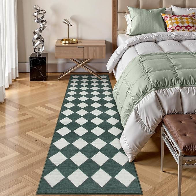 Lahome Checkered Washable 2x8 Green Runners for Hallways Non Slip, Ultra-Thin Kitchen Bathroom Runner Rugs, Moroccan Trellis Throw Carpet Runner for Bedroom Entryway Decor (2'x8',Dark Green)