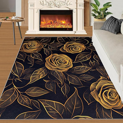 Rose Rugs for Bedroom - 4x5 Area Rug - Black Gold Flowers Rugs for Living Room, European Light Luxury Flowers Rug, Washable Home Decor Carpet