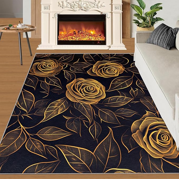 Rose Rugs for Bedroom - 2x3 Area Rug - Black Gold Flowers Rugs for Living Room, European Light Luxury Flowers Rug, Washable Home Decor Carpet