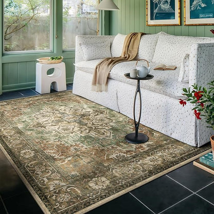 4x6 Machine Washable Area Rug for Living Room, Brown Green Boho Vintage Floral Rug Large Non-Slip Low Pile Soft Faux Wool Carpet, Kids and Pets Friendly for Bedroom Dining Room Farmhouse Decor Rug