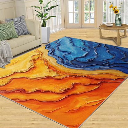Navy Blue Rugs for Bedroom - 5x7 Area Rug - Abstract Blue Orange Rugs for Living Room, Modern Simple Art Rug, Washable Home Decor Carpet