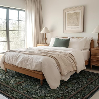 Bavni Floral Dark Green Area Rugs 8x10, Vintage Boho Carpet Machine Washable, Non Slip Soft Low Pile Thin Rug for Bedroom, Living Room, Dining Room, Nursery