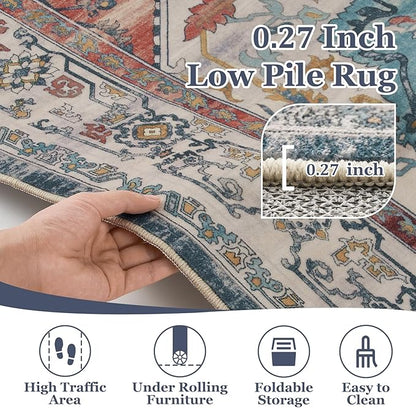 Boho Rugs for Bedroom Girls Playroom, Distressed Medallion Printed 8x10 Rugs for Living Room Kids Room Nursery, Washable Non Slip Low Pile Thin Soft Carpet Rugs Dining Room, Blue/Pale Salmon