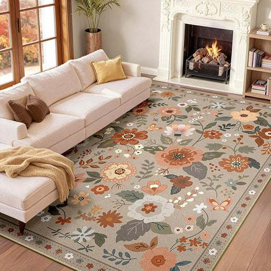 Floral 9x12 Area Rug Machine Washable Soft Print Boho Carpet Non Slip Doormat Low Pile Flower Area Rugs for Living Room Bedroom Nursery Kitchen Dining Room Indoor-Brown/Brick