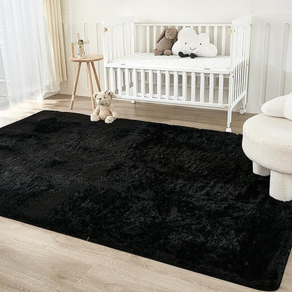 Andency Black Soft Area Rugs for Living Room Bedroom, 4x6 Fluffy Shaggy Bedside Rug, Non-Slip Large Shag Fuzzy Plush Carpets for Bedroom Kids Dorm Nursery Home Decor Aesthetic