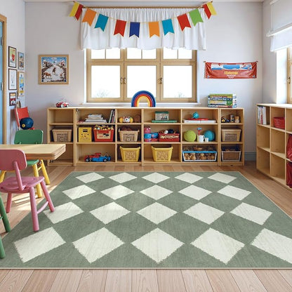 Lahome Checkered Washable 5x7 Rugs for Living Room Green Rug for Bedroom, Soft Dining Room Rugs for Under Table, Diamond Trellis Throw Carpet for Entryway Dorm Kids Playroom (5'x7',Green)