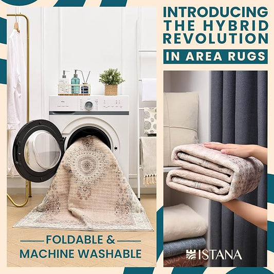 Istana Beige Area Rug 8x10, Machine Washable, Stain Resistant, Foldable, Non-Shedding, Farmhouse Rugs for Living Room, Eco-Friendly