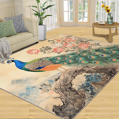 Peacock Peony Flower Area Rug 6x8-6x8 Rug, Classic Peacock Peony Rugs for Living Room, Oriental Carpet, Floral Animal Washable Area Rugs for Bedroom, Aesthetics Carpet - Peafowl Home Decor & Gifts