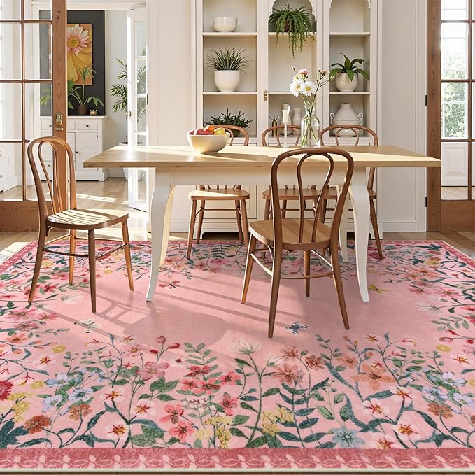 Wonnitar Washable Pink Floral 9x12 Rugs for Bedroom, Non-Slip Living Room Area Rug, Cute Nursery Large Botanical Area Rug, Soft Floor Carpet for Playroom Closet (Pink,9'x12')