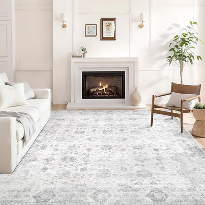 Washable 10×12 Area Rugs for Living Room, Vintage Floral Rug Soft Non Slip Stain Resistant Boho Carpet for Bedroom Dinning Room Kitchen Home Office Grey