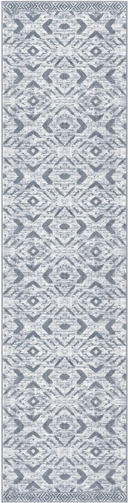 KILOCOCO Hallway Runner Rug 3'x10' Washable Printed Moroccan Runner Rug Non Slip Entryway Runners Soft Indoor Long Floor Rugs for Bedroom Kitchen Living Room Geometric Boho Carpet Runners, Grey White