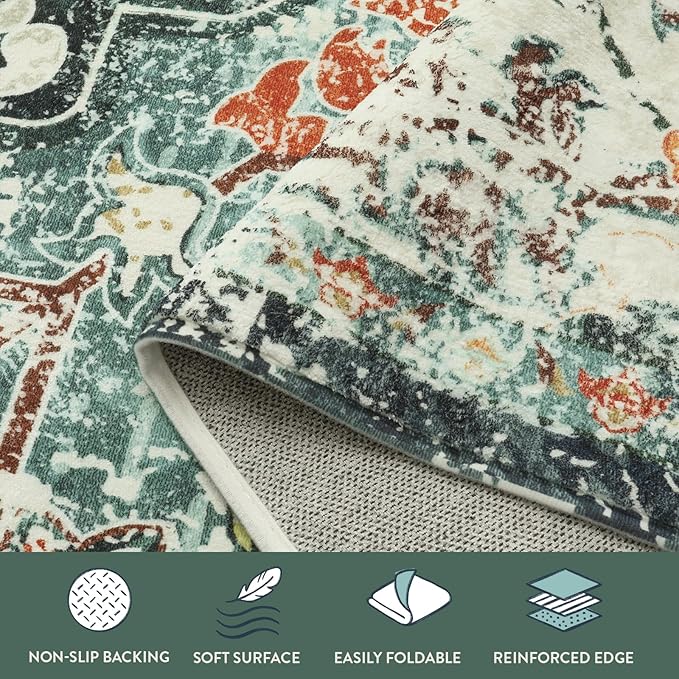 Lahome Bohemian Floral Medallion Area Rug - 5x7 Teal Large Washable Rugs for Living Room Soft Rugs for Bedroom, Turkish Non Slip Indoor Throw Carpet for Apartment Dining Room Entry Way