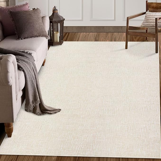 RUGSREAL Living Room Area Rug 9x12 Machine Washable Rug Non-Slip Stain Resistant Modern Abstract Bedroom Rug Contemporary Throw Floor Carpet for Dining Room Solid Area Rug for Home Office, Cream