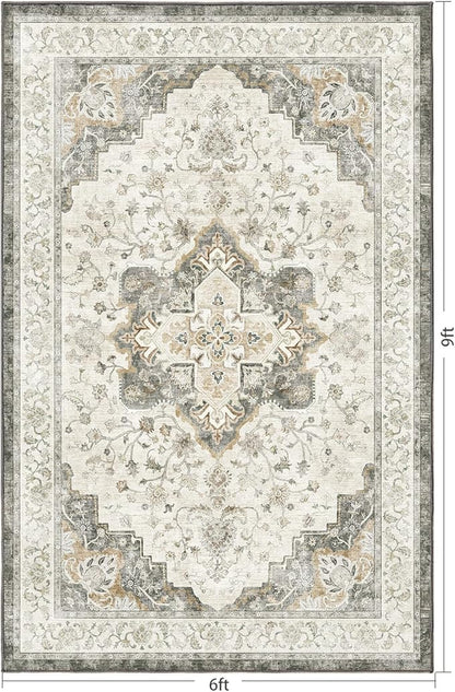 Marsail 6x9 Machine Washable Area Rug, Soft & Slip-Resistant Large Area Rug with Reinforced Bound Edges, Vintage Short-Pile Washable Rug with Floral Pattern for Living Room, Dinning Room and Bedroom