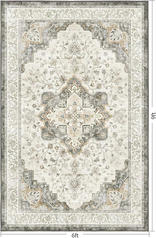 Marsail 6x9 Machine Washable Area Rug, Soft & Slip-Resistant Large Area Rug with Reinforced Bound Edges, Vintage Short-Pile Washable Rug with Floral Pattern for Living Room, Dinning Room and Bedroom