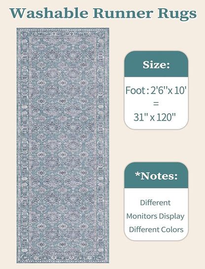 SERISSA Boho Washable Runner Rug, 2'6"x10' Long Non-Slip Vintage Floral Hallway Kitchen Stair Runner Rug Ultra Soft Print Distressed Blue Grey Floor Carpet for Bathroom Laundry Room