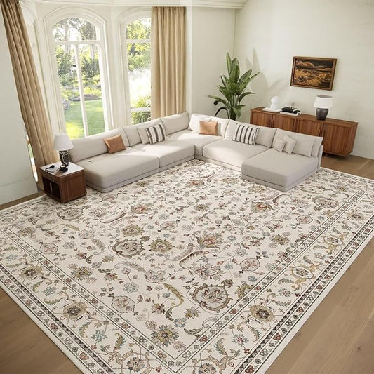Washable 9x12 Area Rugs for Living Room, Boho Non-Slip Vintage Distress Lager Rugs for Bedroom Dining Room Nursery Office, 0.3" Neutral Oriental Throw Thin Carpet, Beige/Rust/Green/Multi
