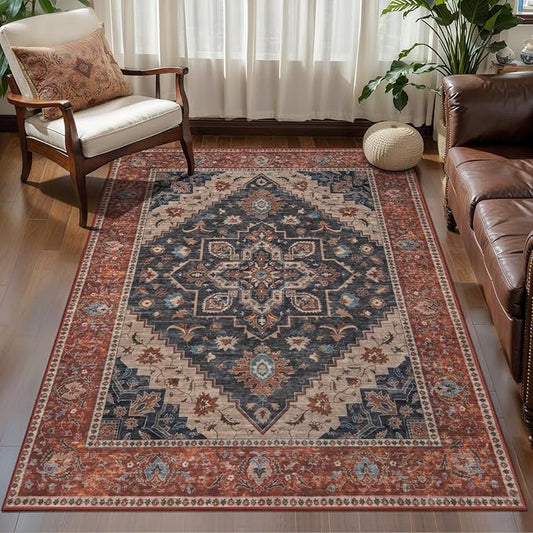 Tangsoo 3x5 Washable Rug, Vintage Rugs Indoor Area Rugs, Boho Non Slip Accent Rug Carpet, Soft Low Pile Rugs for Living Room Dorm Bedroom Bedside Entryway Bathroom Home Decor Dark Blue/Orange