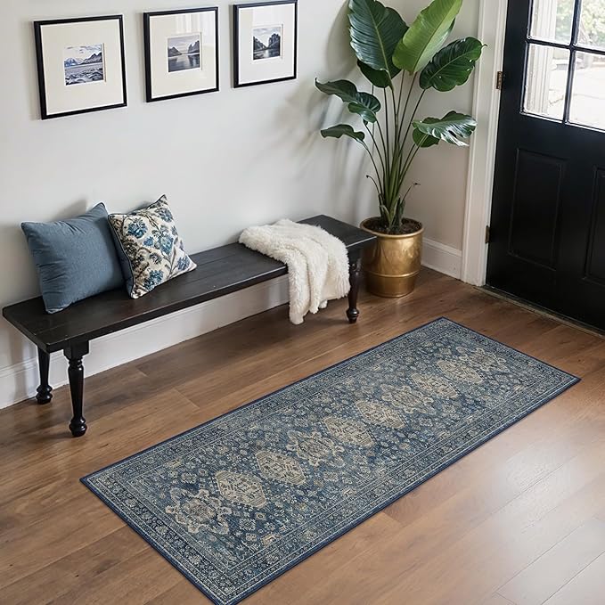 Bavni Washable Runner Rug 2x7, Non Slip Long Hallway Rug, Vintage Print Low Pile Ultra Thin Washable Carpet for Kitchen Bedroom, Blue
