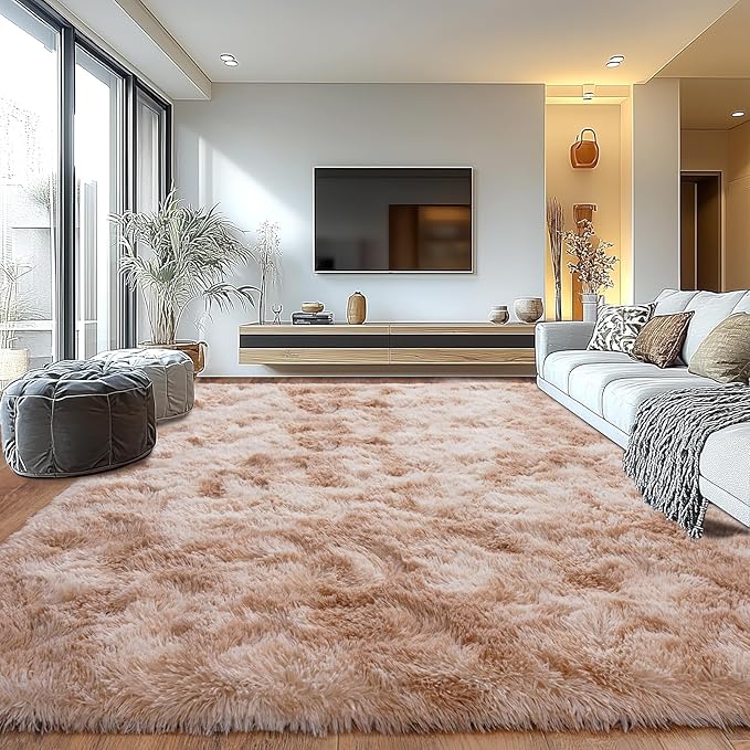 Upgrade Non-Slip Plush Rugs for Living Room, Soft Shaggy Carpets for Living Room, Fuzzy Rugs for Kids' Room, Perfect Decor for Modern Home Tie Dye Beige 8x10Feet