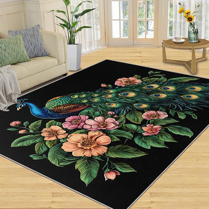 Peacock Peony Rugs for Bedroom - 6x8 Rug, Classic Peacock Peony Area Rugs for Living Room, Teal Turquoise Carpet, Floral Plant Washable Area Mat, Aesthetics Carpet - Peafowl Home Decor & Gifts