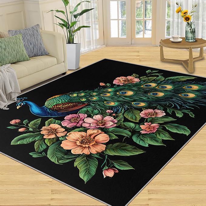 Peacock Peony Rugs for Bedroom - 5x6 Rug, Classic Peacock Peony Area Rugs for Living Room, Teal Turquoise Carpet, Floral Plant Washable Area Mat, Aesthetics Carpet - Peafowl Home Decor & Gifts