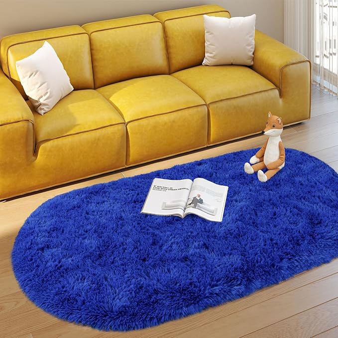 Soft Fluffy Area Rug for Bedroom, Blue Fuzzy Shaggy Oval Throw Rugs for Bedside, Non-Slip Cozy Plush Shag Carpet for Boys Kids Room Nursery Dorm Living Room, 2.6 x 5.3 Feet