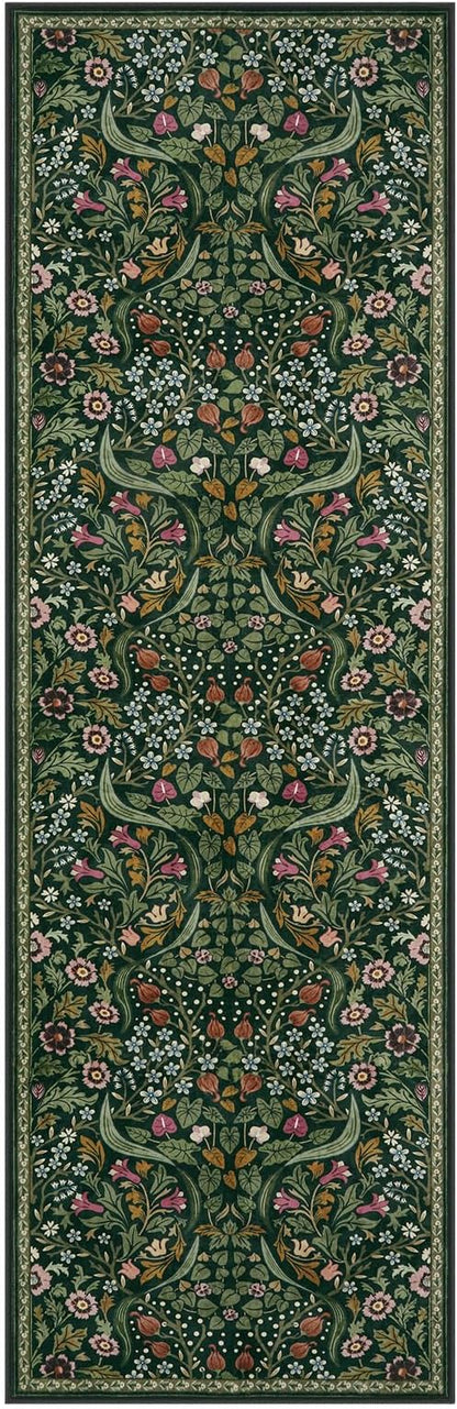 Lahome Floral Kitchen Runner Rug, 2.6x8 Green Non Slip Hallway Runner Rug, Soft Thin Stain Resistant Long Carpet for Laundry, Washable Boho Carpets for Bathroom Entryway