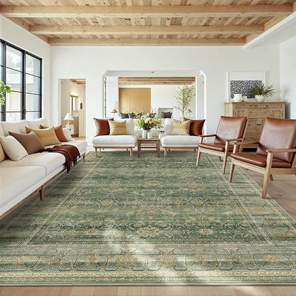 HelloTree Washable Rugs 9x12 Area Rug for Living Room, Vintage Boho Green Rug Non Slip Carpet Retro Accent Indoor Mat Print Distressed Low Pile Throw Large Rug for Office Dining Room Bedside-Green