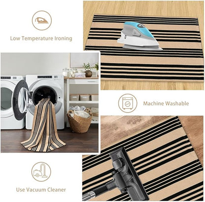 Black and Khaki Striped Outdoor Rug 4x6 ft, Washable Cotton Woven Patio Rug, Reversible Foldable Front Porch Decor Indoor Outdoor Rugs for Farmhouse/Living Room
