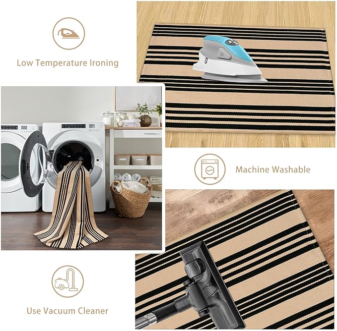 Black and Khaki Striped Rugs 2.3'x3.6', Washable Hand Woven Front Door Rug, Reversible Outdoor Welcome Mat Foldable Layered Door Mats for Entryway Porch Decor Home Entrance
