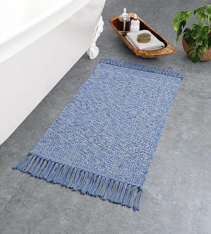 Collive Small Bathroom Rug, 2' x 3' Hand-Woven Low Profile Front Entryway Rug, Navy Blue Cotton Reversible Washable Kitchen Mat Modern Farmhouse Carpet for Foyer Bedroom Back Door Decor