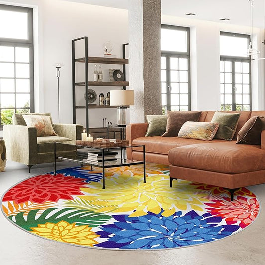 Colorful 6FT Outdoor Round Area Rug Washable Rugs Multicolored Patio Rug Tropical Botanical Floral Chenille Waterproof Outdoor Carpet for RV, Pool Deck, Backyard, Porch, Rainbow