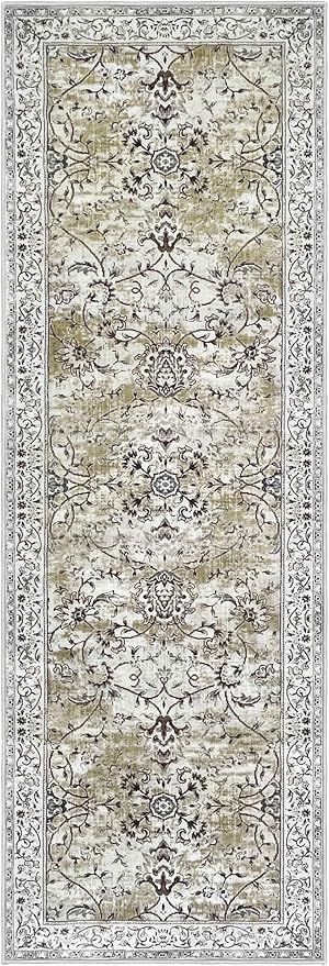 KILOCOCO Hallway Runner 2.6x14 Runner Rug Printed Vintage Floral Washable Rugs Kitchen Runners Soft Non-Slip Low Pile Rubber Backed Runners for Laundry Room Distressed Boho Rugs, Mossy Taupe