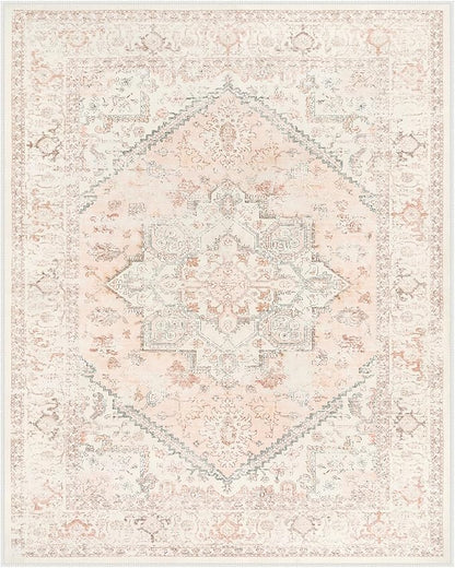 LIVEBOX Pink Area Rug 8x10 - Large Oriental Floral Living Room Rugs Accent Rug for Bedroom, Non-Slip Retro Medallion Carpet Print Distressed Rugs for Dining Room Office (Pink/Peach)