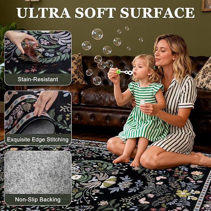8x10 Area Rugs Living Room Rug: Vintage Washable Rug Floral Soft Carpet Indoor Floor Non-Slip Boho Stain Resistant Large Carpets for Bedroom Kids Nursery Dining Room Farmhouse Home Office Black