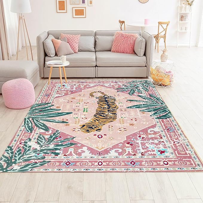Pink Rug 5x7 Large Washable Animal Print Rug Non-Slip Tropical Jungle Indoor Carpet for Bedroom Nursery Dorm Kitchen Living Room Decor