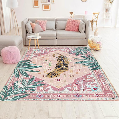Pink Rug 5x7 Large Washable Animal Print Rug Non-Slip Tropical Jungle Indoor Carpet for Bedroom Nursery Dorm Kitchen Living Room Decor