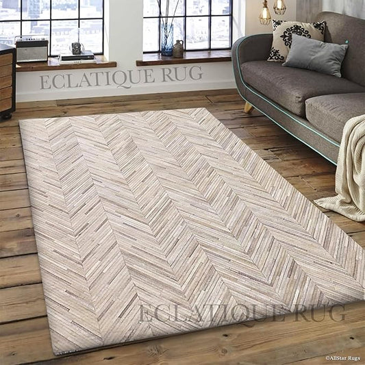 Elegant Rectangular Rug Cowhide Leather Stylish Non Slip Chevron Patchwork Area Rug for Living Room and Entryway Floor Carpet (Beige-5 x 8 ft)