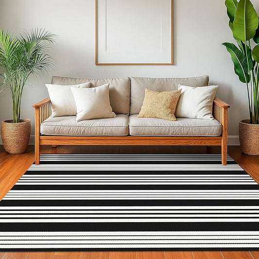 KOZYFLY Black and White Striped Outdoor Rug 4x6 Ft Area Rug Washable Indoor Outdoor Rug Hand Woven Cotton Door Mat Outdoor Carpet for Front Door Entryway Patio Porch Living Room