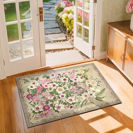 Door Mat Entrance 2x3 Rug - Floral Rugs Washable Small Area Rug Non-Slip Low Pile Carpet Throw Rugs for Indoor Entryway, Bedroom, Kitchen, Front Door, Entry, Kids Room - Brown