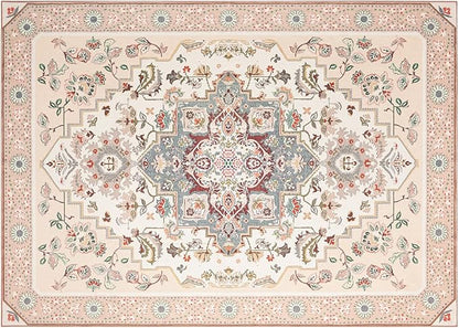 Phantoscope Washable Area Rug 5'x7' Non-Slip, Vintage Boho Rugs for Living Room, Bedroom, Dining Room, Persian Floral Medallion Pattern, Low-Pile Foldable Floor Carpet, Ivory Rose/Fall Bloom