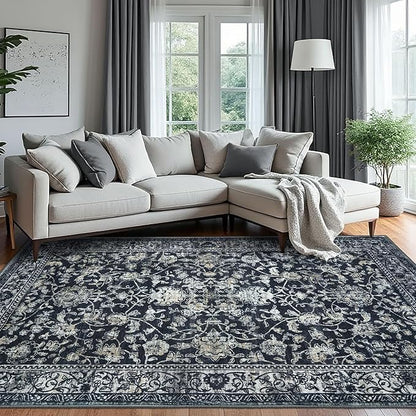 KILOCOCO Area Rug 6x9 Living Room Rug Washable Printed Vintage Floral Non Slip Soft Rubber Backed Indoor Bedroom Rugs for Laundry Room Kitchen Playroom Moroccan Area Rugs, Navy/Charcoal