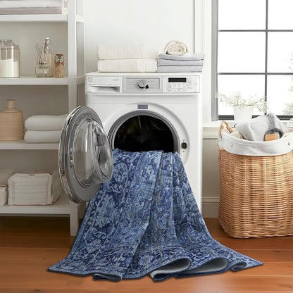 ReaLife Rugs Machine Washable Area Rug - Living Room Bedroom Bathroom Kitchen Entryway Office - Padded Low Pile Stain Resistant Premium - Boho Vintage Traditional - Lyle - Blue 5' x 7'