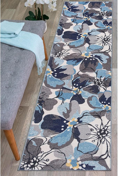 Rugshop Modern Large Floral Non-Slip (Non-Skid) Area Rug Runner 2' X 7' (22" X 84") Gray-Blue