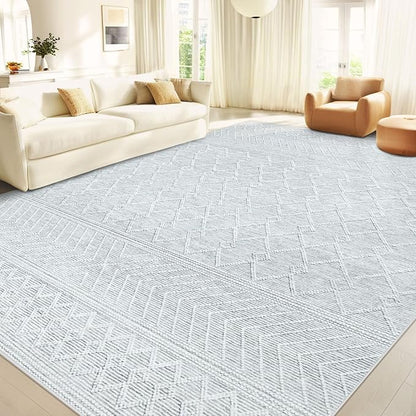 9x12 Area Rug Living Room: Washable Boho Geometric Moroccan Rug Neutral Modern Farmhouse Indoor Soft Non Slip Ultra Thin Large Printed Pattern Carpet for Bedroom Home Office (Grey, 9'x12')