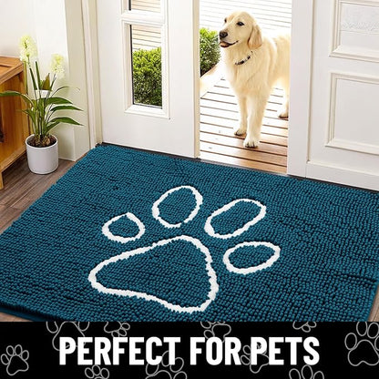 Smiry Dog Door Mat for Muddy Paws, Absorbent Dirt Trapper Non Slip Quick Dry Washable Chenille Mat for Mud Dogs, Entry Rug for Indoor and Outdoor (40x32 Inches, Atlantic Blue and White)