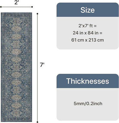 Bavni Washable Runner Rug 2x7, Non Slip Long Hallway Rug, Vintage Print Low Pile Ultra Thin Washable Carpet for Kitchen Bedroom, Blue