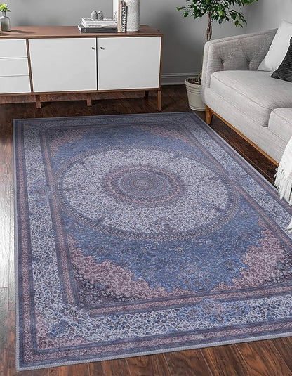 GLN Rugs Traditional Collection - Machine Washable Area Rug, Traditional Washable, Non Slip, Low Pile Chenille Rug, Living Room, Bedroom, Kitchen Rug (2' x 3' Navy/Off White)